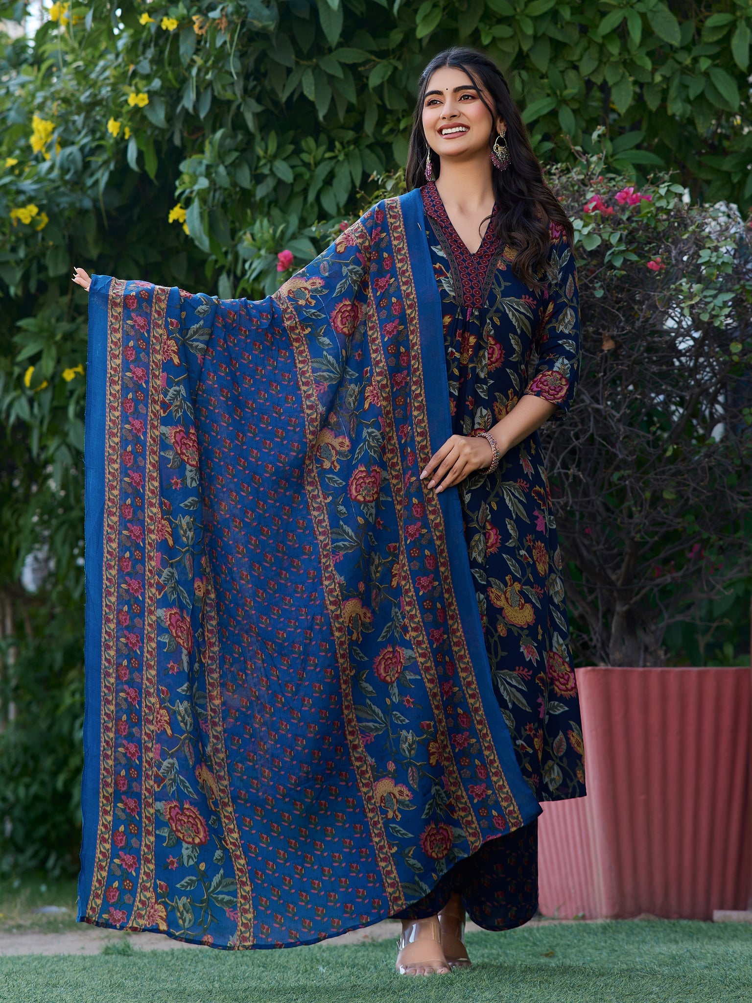 YAGNIK FASHION V-Neck Panelled Anarkali Kurta With Palazzos & Dupatta - Yagnik Fashion
