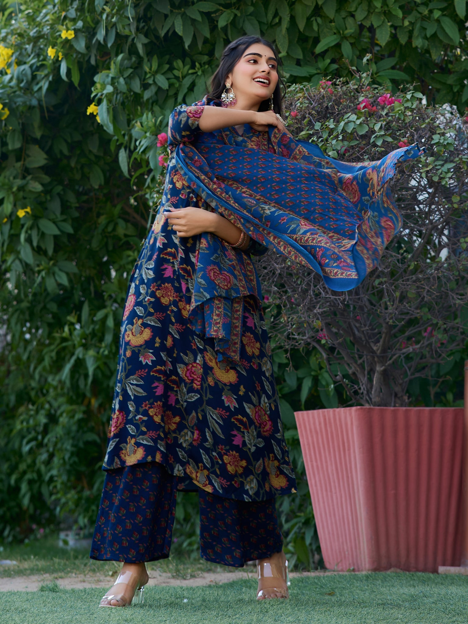 YAGNIK FASHION V-Neck Panelled Anarkali Kurta With Palazzos & Dupatta - Yagnik Fashion