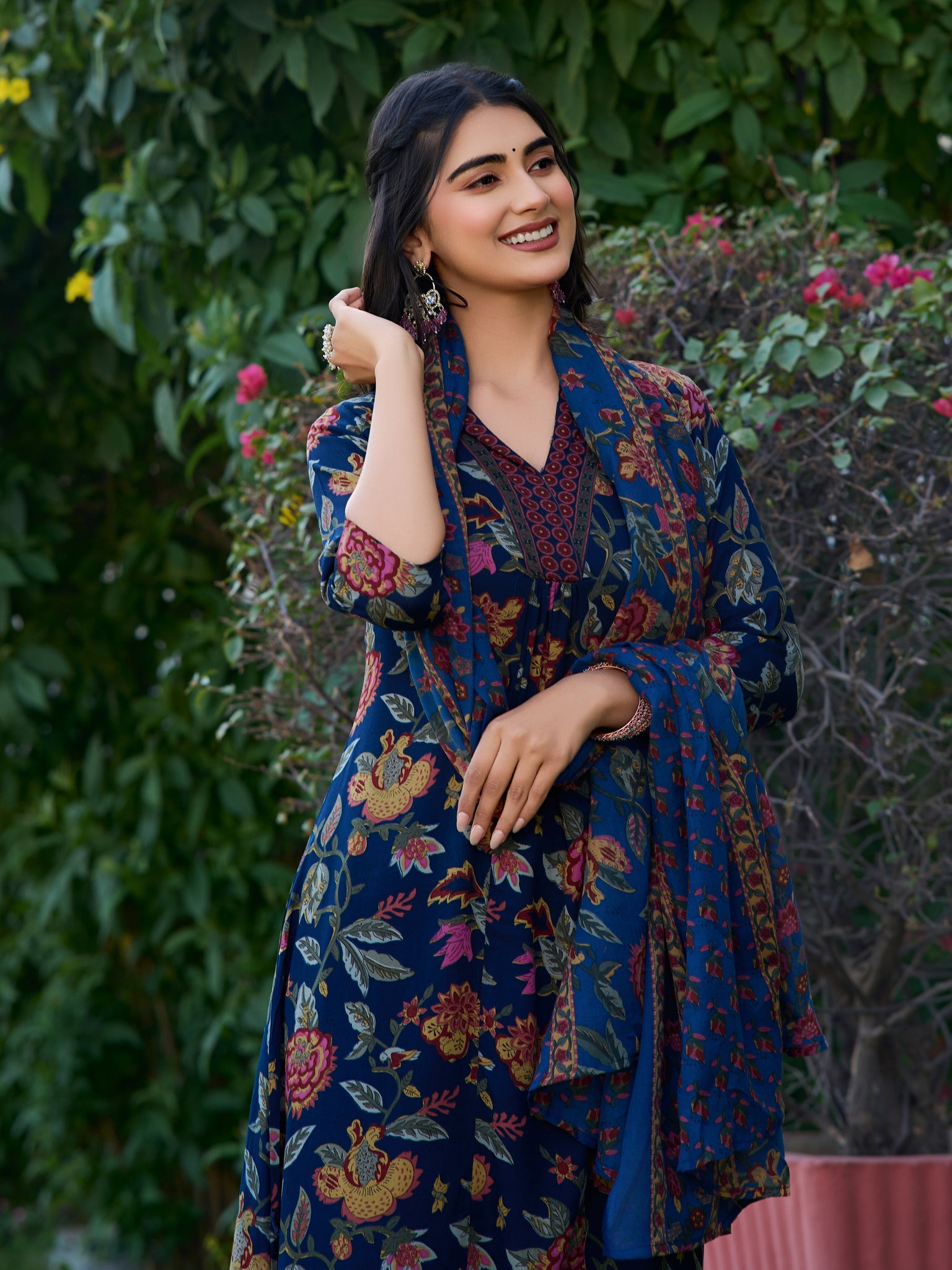 YAGNIK FASHION V-Neck Panelled Anarkali Kurta With Palazzos & Dupatta - Yagnik Fashion