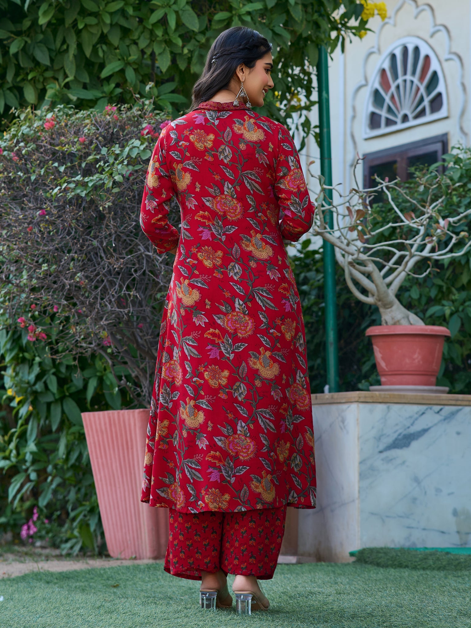 YAGNIK FASHION Floral Printed V-Neck Panelled Anarkali Kurta With Palazzos & Dupatta - Yagnik Fashion