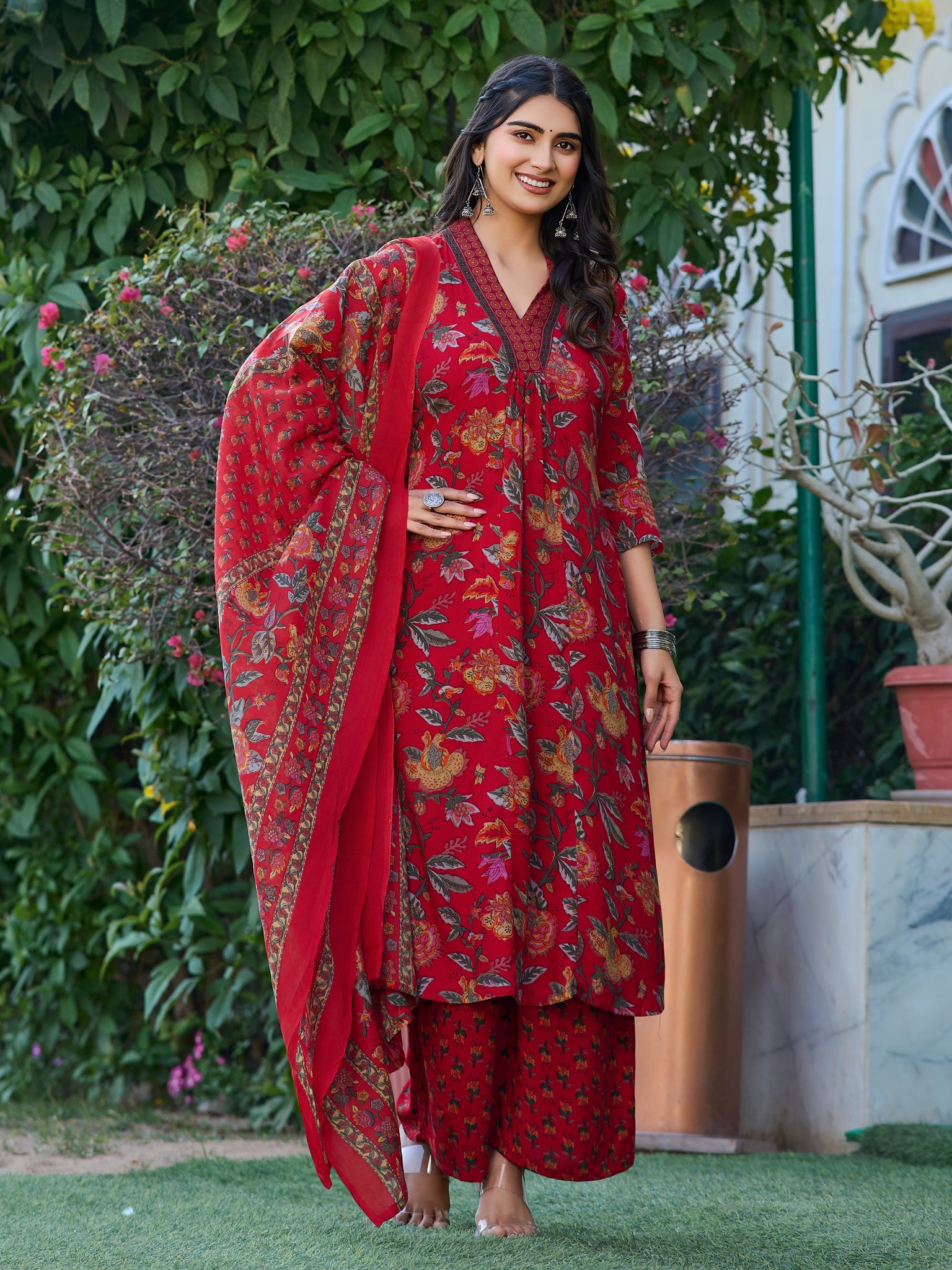 YAGNIK FASHION Floral Printed V-Neck Panelled Anarkali Kurta With Palazzos & Dupatta - Yagnik Fashion