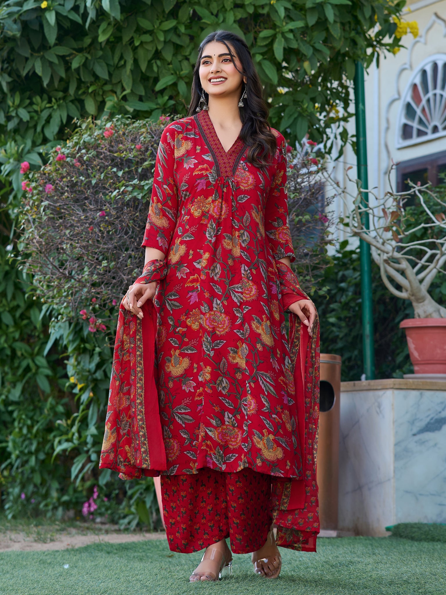 YAGNIK FASHION Floral Printed V-Neck Panelled Anarkali Kurta With Palazzos & Dupatta - Yagnik Fashion