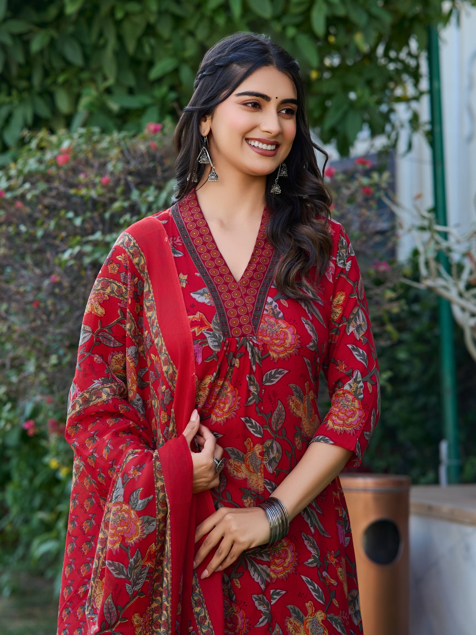 YAGNIK FASHION Floral Printed V-Neck Panelled Anarkali Kurta With Palazzos & Dupatta - Yagnik Fashion