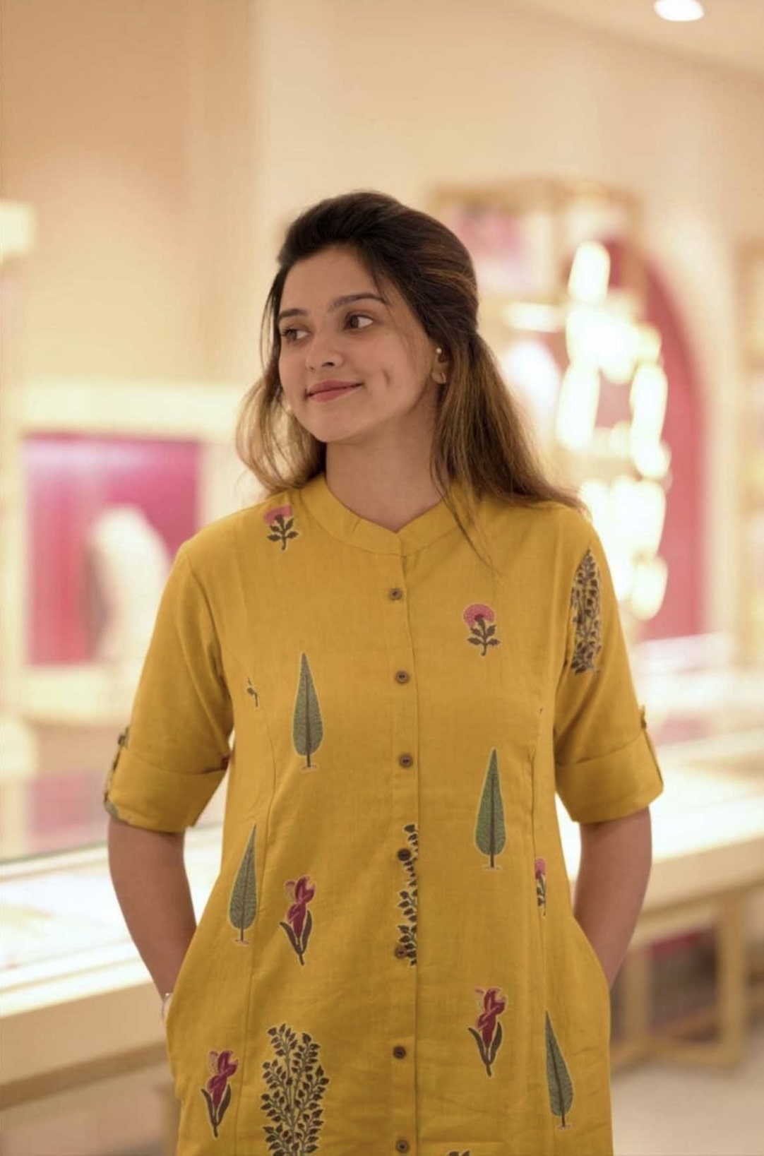 YAGNIK FASHION Floral Printed Mandarin Collar A-Line Kurta With Trousers - Yagnik Fashion