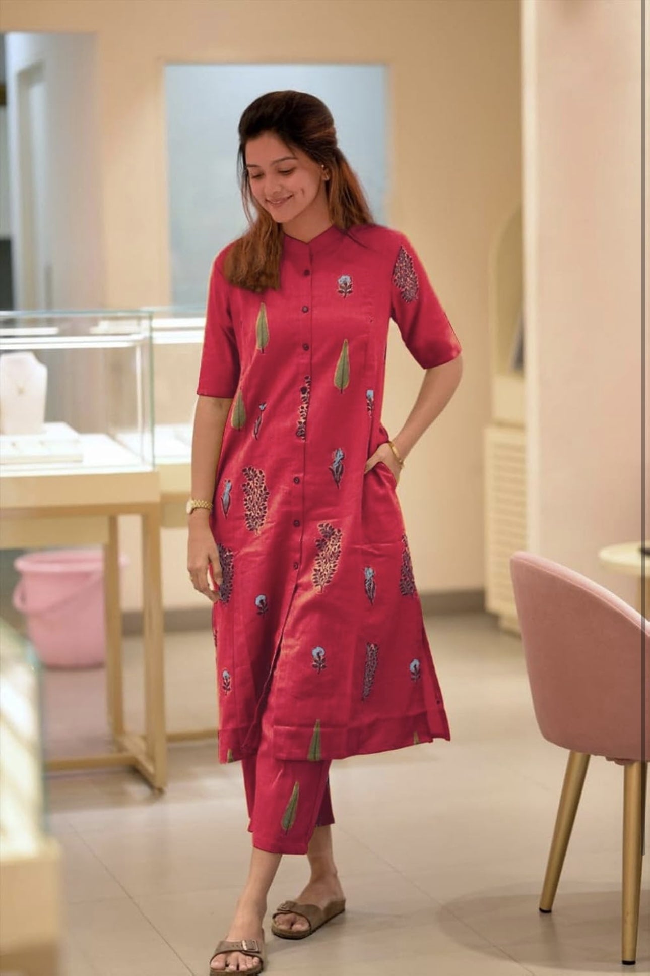 YAGNIK FASHION Floral Printed Mandarin Collar A-Line Kurta With Trousers - Yagnik Fashion