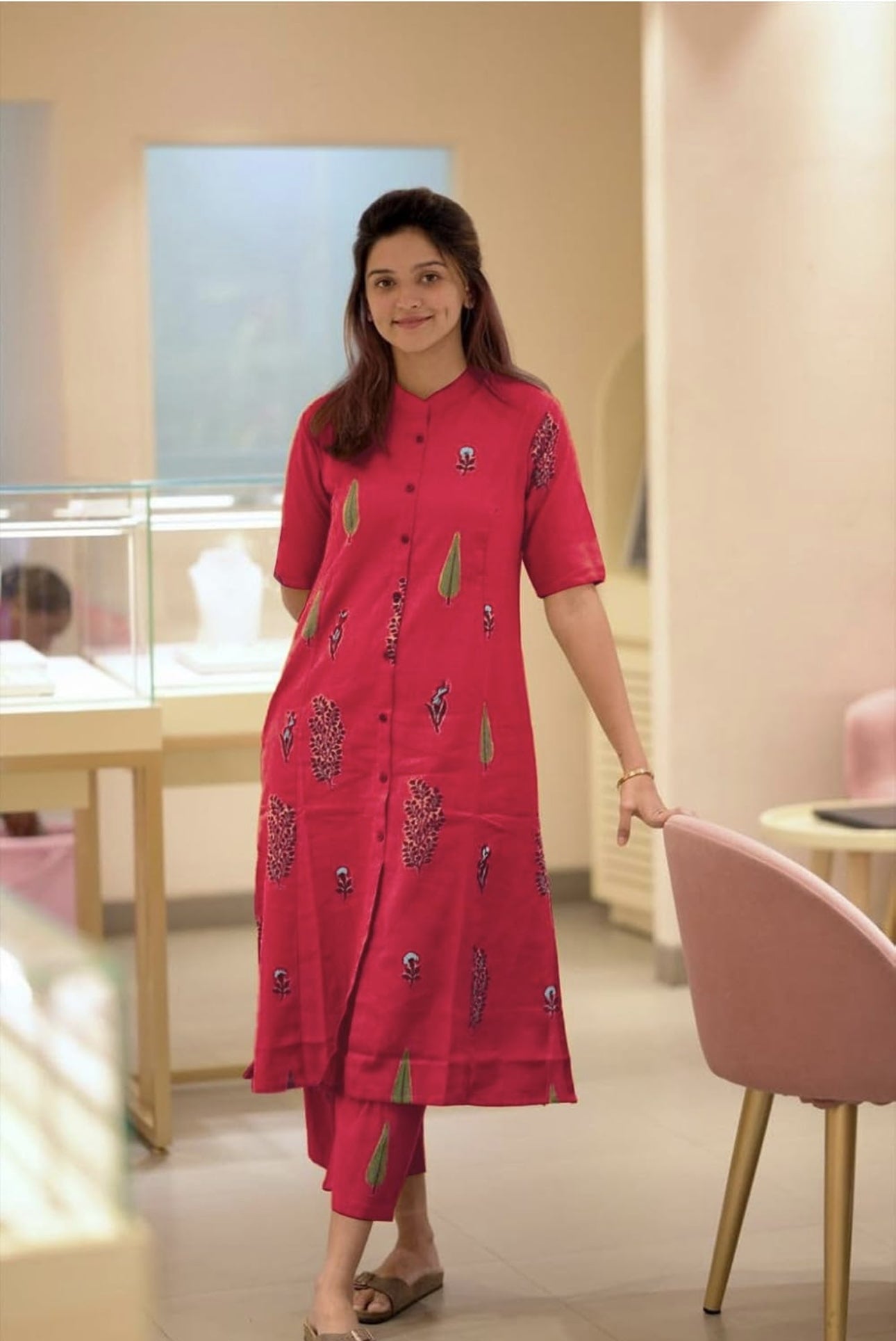 YAGNIK FASHION Floral Printed Mandarin Collar A-Line Kurta With Trousers - Yagnik Fashion
