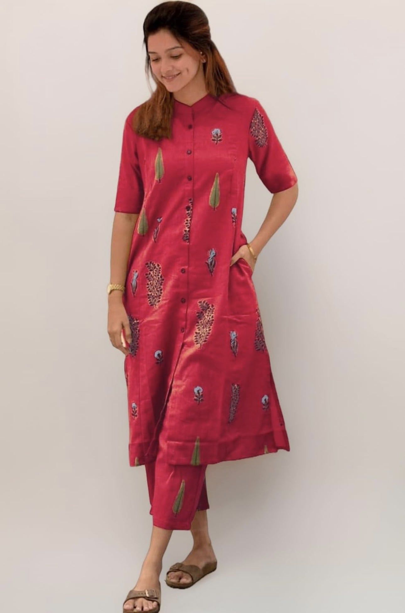 YAGNIK FASHION Floral Printed Mandarin Collar A-Line Kurta With Trousers - Yagnik Fashion
