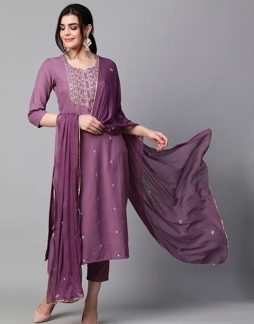 Women Ethnic Motifs Embroidered Regular Thread Work Kurta with Trousers & With Dupatta - Yagnik Fashion