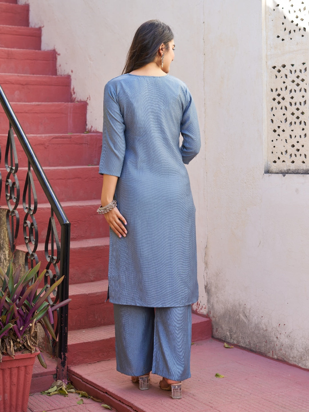 Raja Saab Notch Neck Straight Kurta With Trousers & Dupatta - Yagnik Fashion