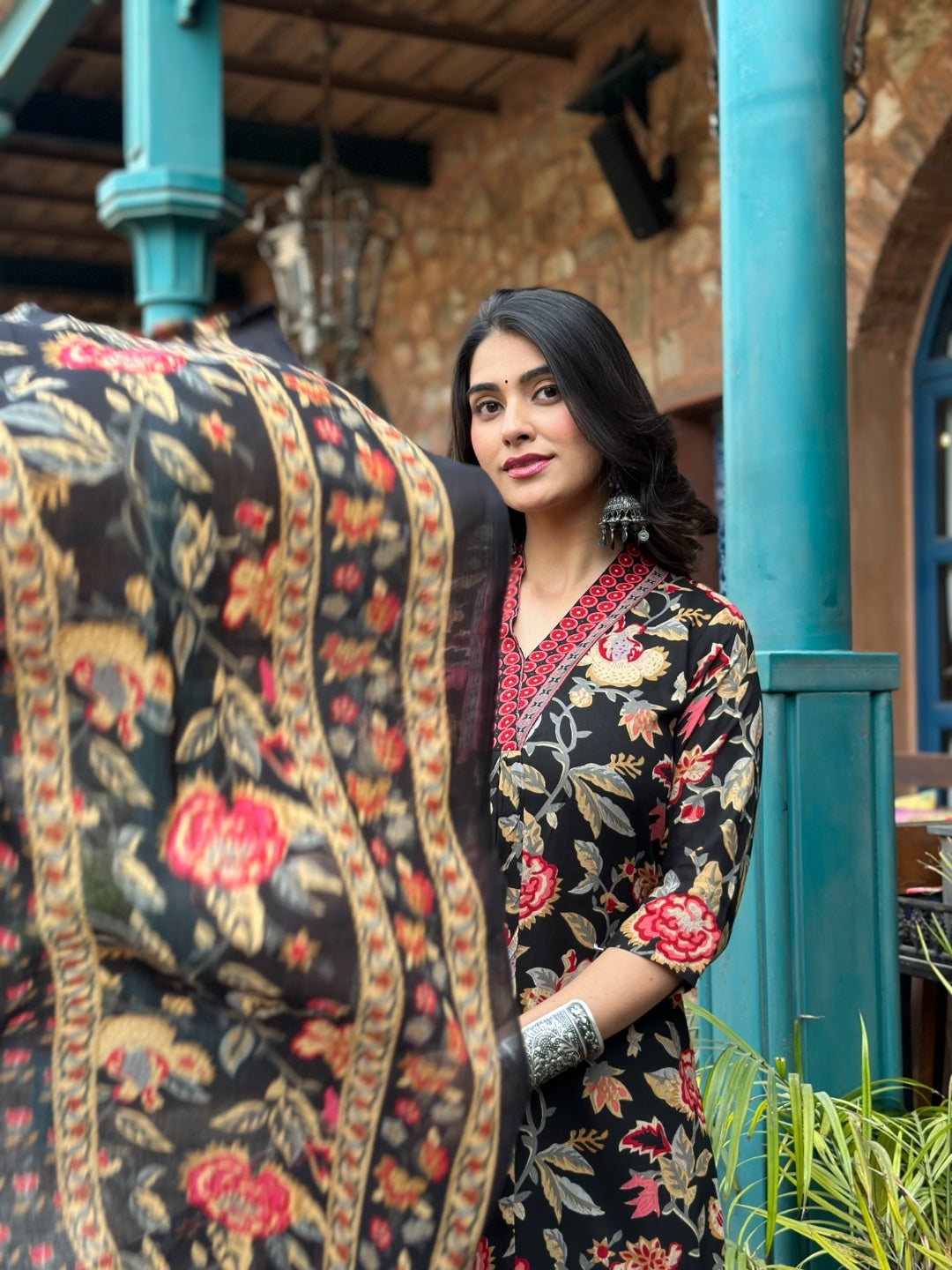 YAGNIK FASHION Floral Printed V-Neck Panelled Anarkali Kurta With Palazzos & Dupatta - Yagnik Fashion
