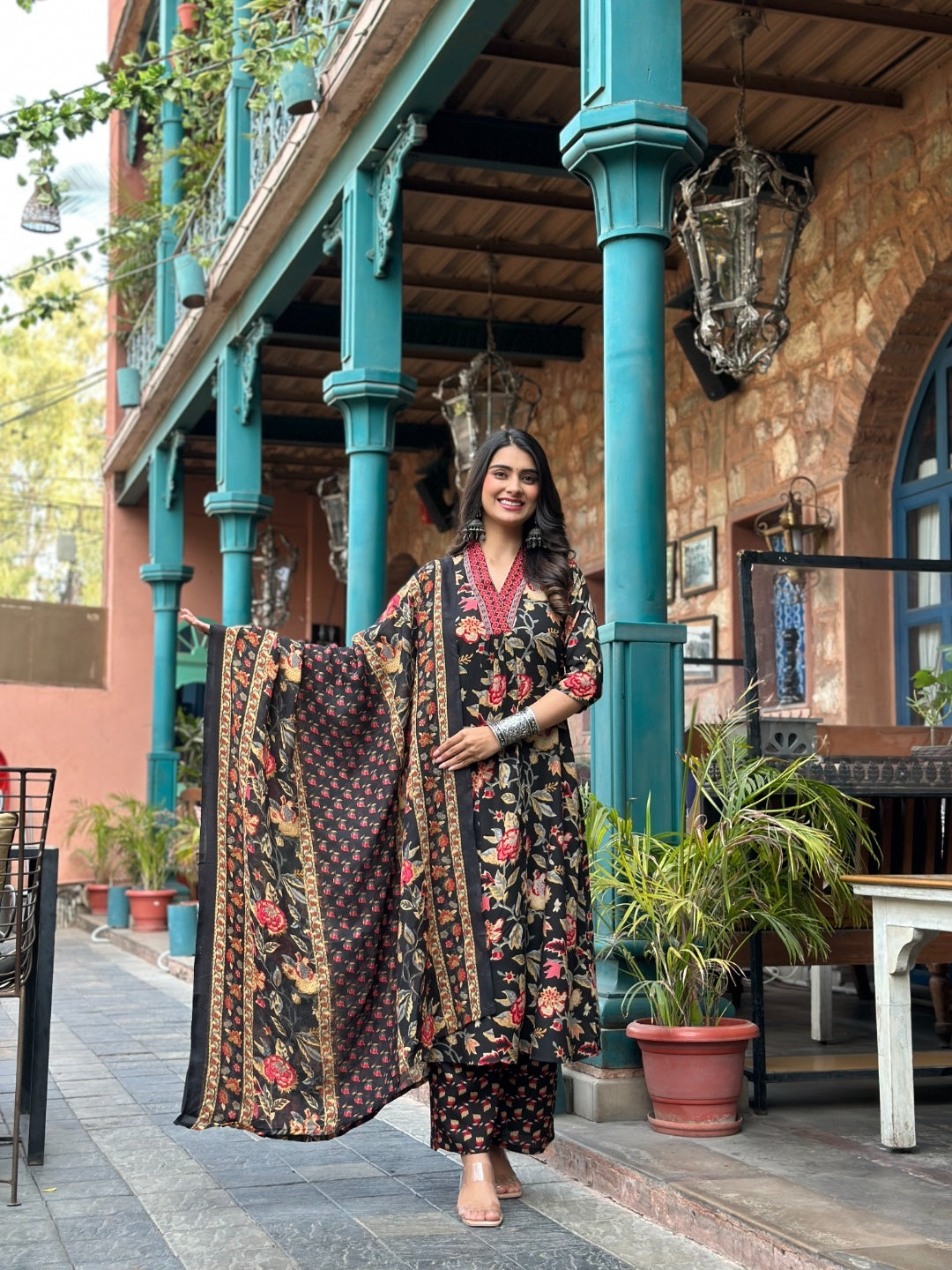 YAGNIK FASHION Floral Printed V-Neck Panelled Anarkali Kurta With Palazzos & Dupatta - Yagnik Fashion