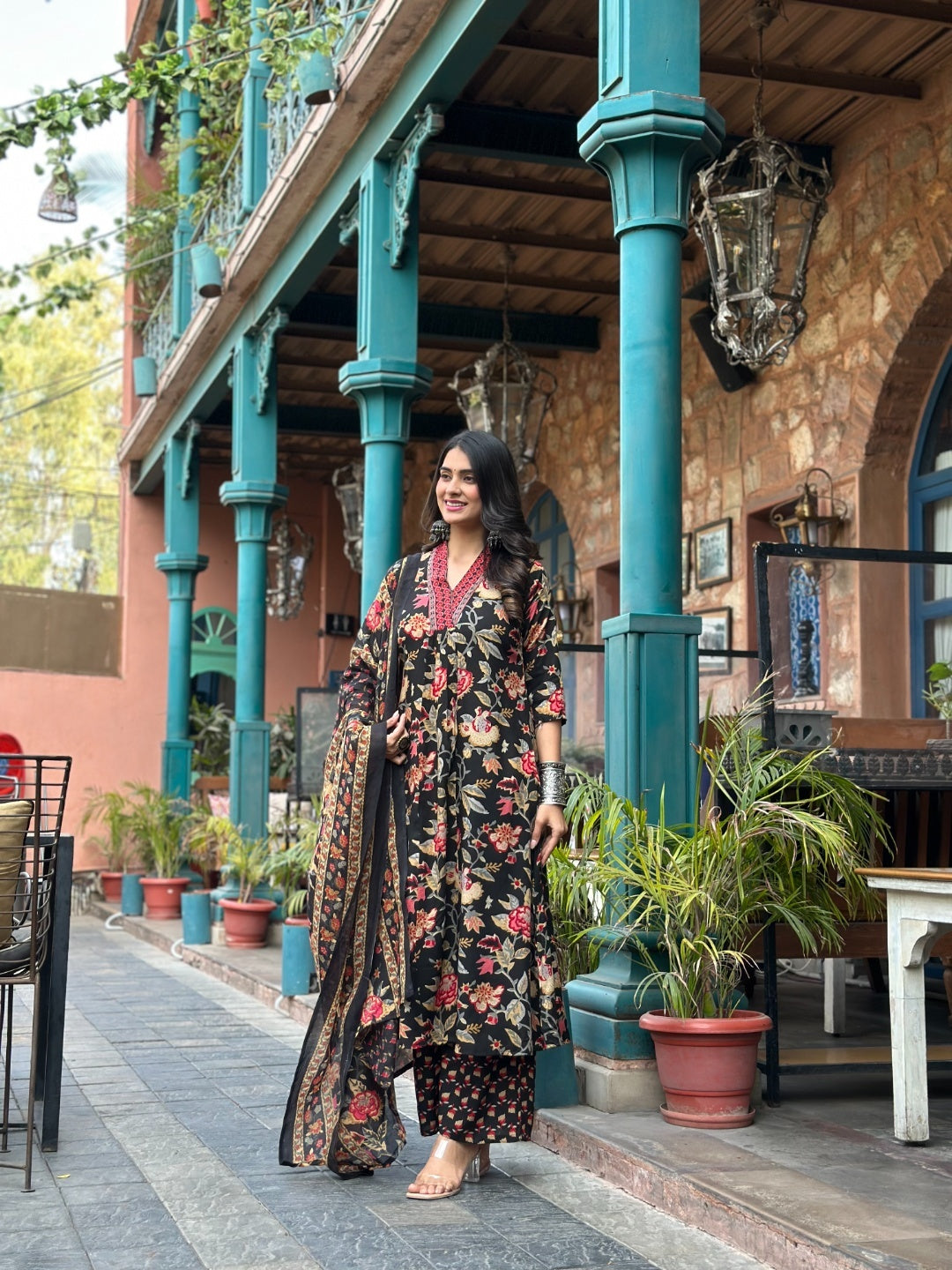 YAGNIK FASHION Floral Printed V-Neck Panelled Anarkali Kurta With Palazzos & Dupatta - Yagnik Fashion
