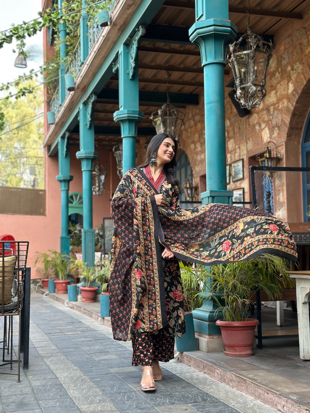 YAGNIK FASHION Floral Printed V-Neck Panelled Anarkali Kurta With Palazzos & Dupatta - Yagnik Fashion