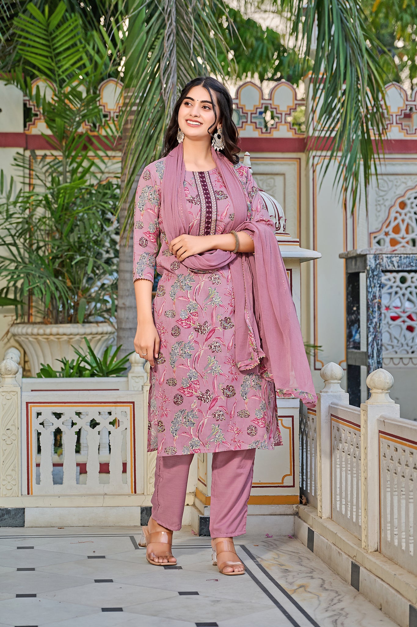 Floral Printed Straight Kurta with Trousers & Dupatta - Yagnik Fashion