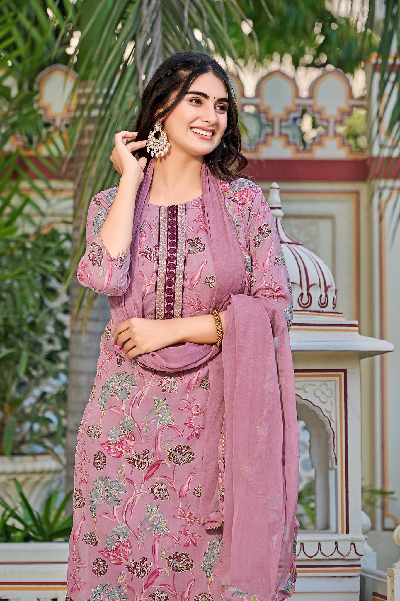 Floral Printed Straight Kurta with Trousers & Dupatta - Yagnik Fashion
