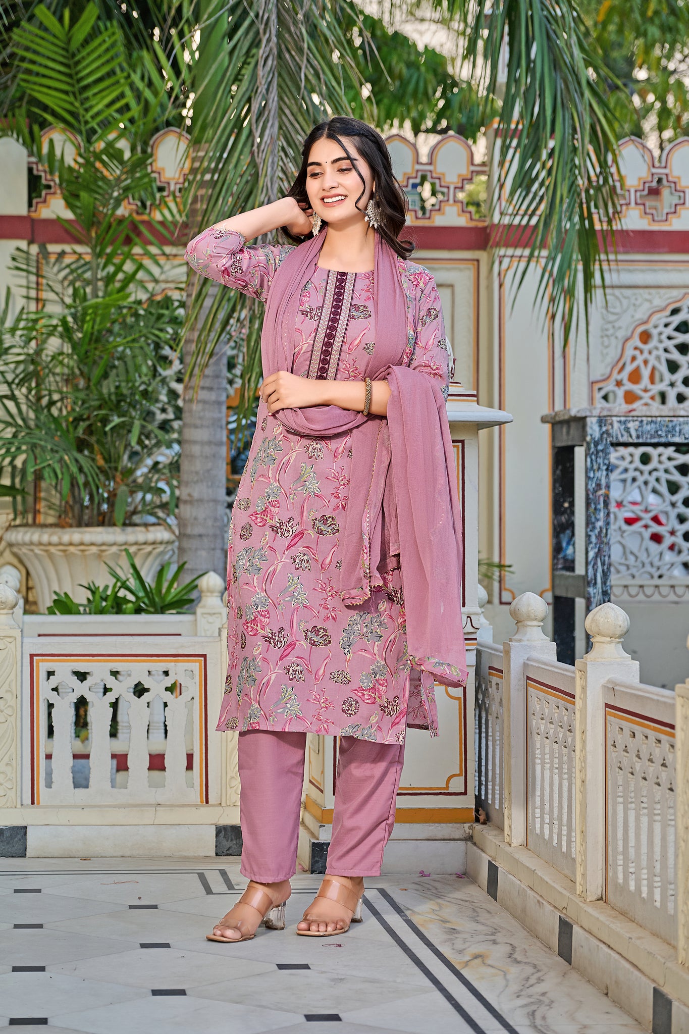 Floral Printed Straight Kurta with Trousers & Dupatta - Yagnik Fashion