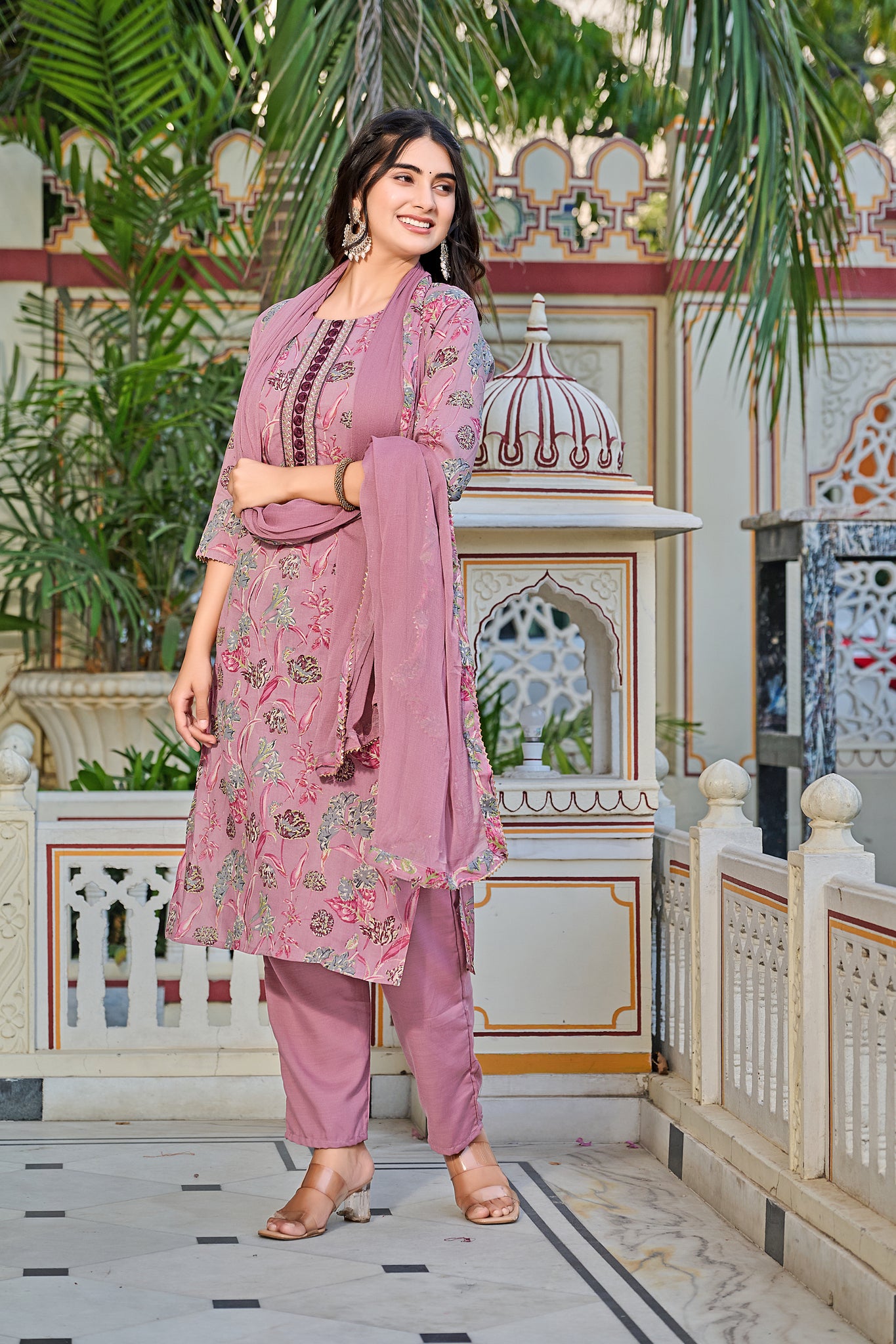 Floral Printed Straight Kurta with Trousers & Dupatta - Yagnik Fashion