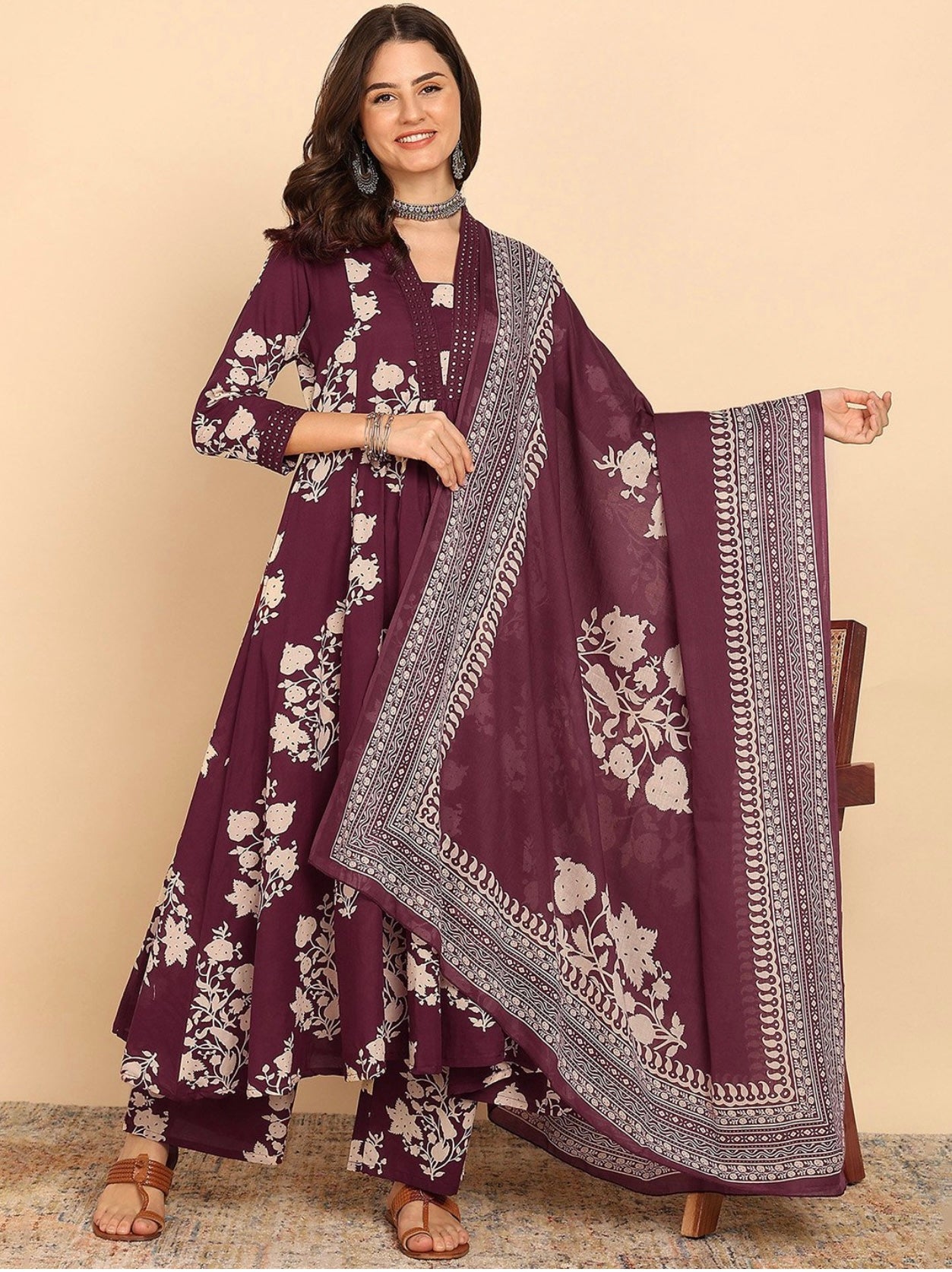 YAGNIK FASHION Jaiswal Floral Printed V-Neck Pleated Anarkali Kurta With Palazzos & Dupatta - Yagnik Fashion