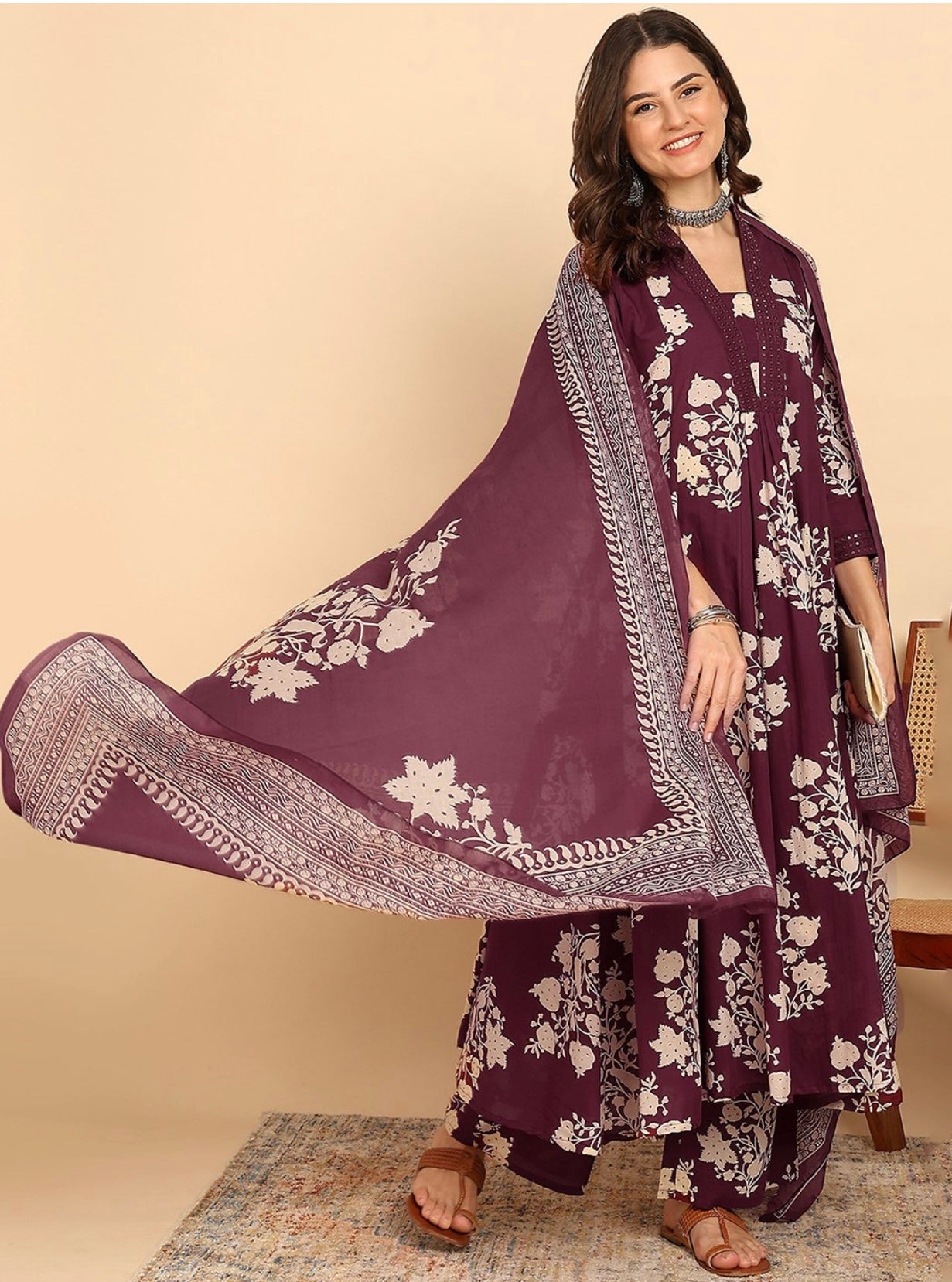 YAGNIK FASHION Jaiswal Floral Printed V-Neck Pleated Anarkali Kurta With Palazzos & Dupatta - Yagnik Fashion