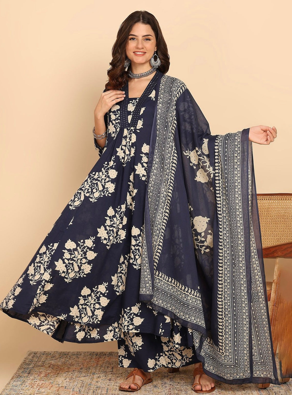 YAGNIK FASHION Floral Printed V-Neck A-Line Kurta With Palazzos And Dupatta - Yagnik Fashion