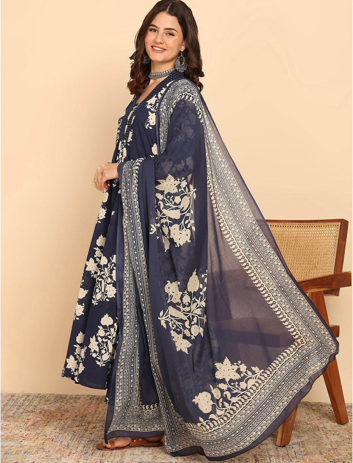 YAGNIK FASHION Floral Printed V-Neck A-Line Kurta With Palazzos And Dupatta - Yagnik Fashion