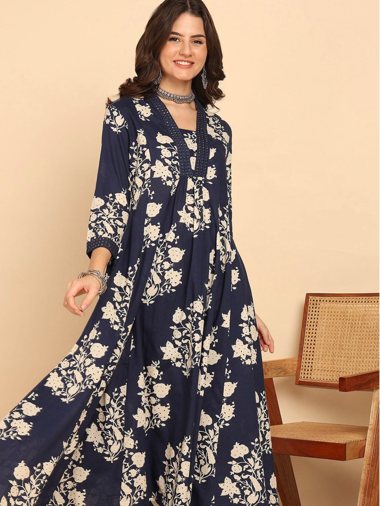YAGNIK FASHION Floral Printed V-Neck A-Line Kurta With Palazzos And Dupatta - Yagnik Fashion