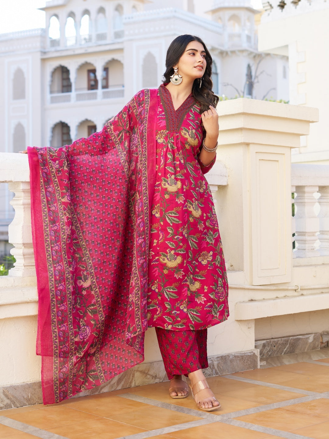Women Floral Printed V-Neck Anarkali Kurta with Palazzos & With Dupatta - Yagnik Fashion