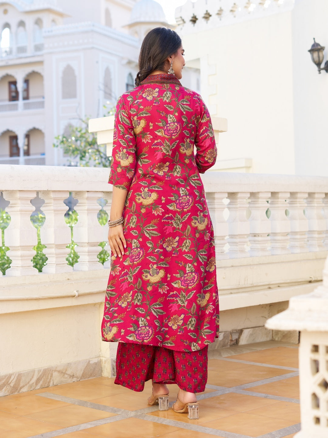Women Floral Printed V-Neck Anarkali Kurta with Palazzos & With Dupatta - Yagnik Fashion