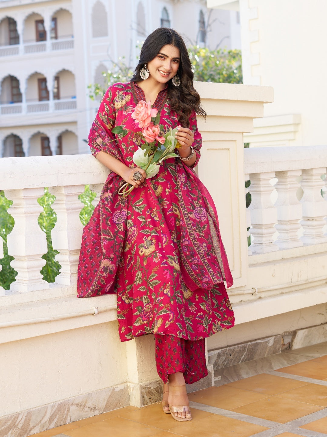 Women Floral Printed V-Neck Anarkali Kurta with Palazzos & With Dupatta - Yagnik Fashion