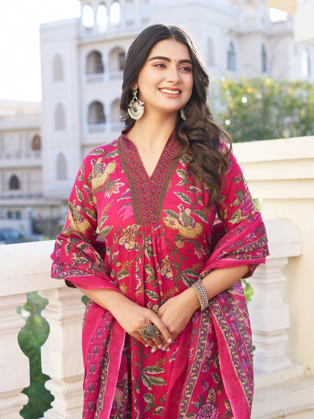 Women Floral Printed V-Neck Anarkali Kurta with Palazzos & With Dupatta - Yagnik Fashion