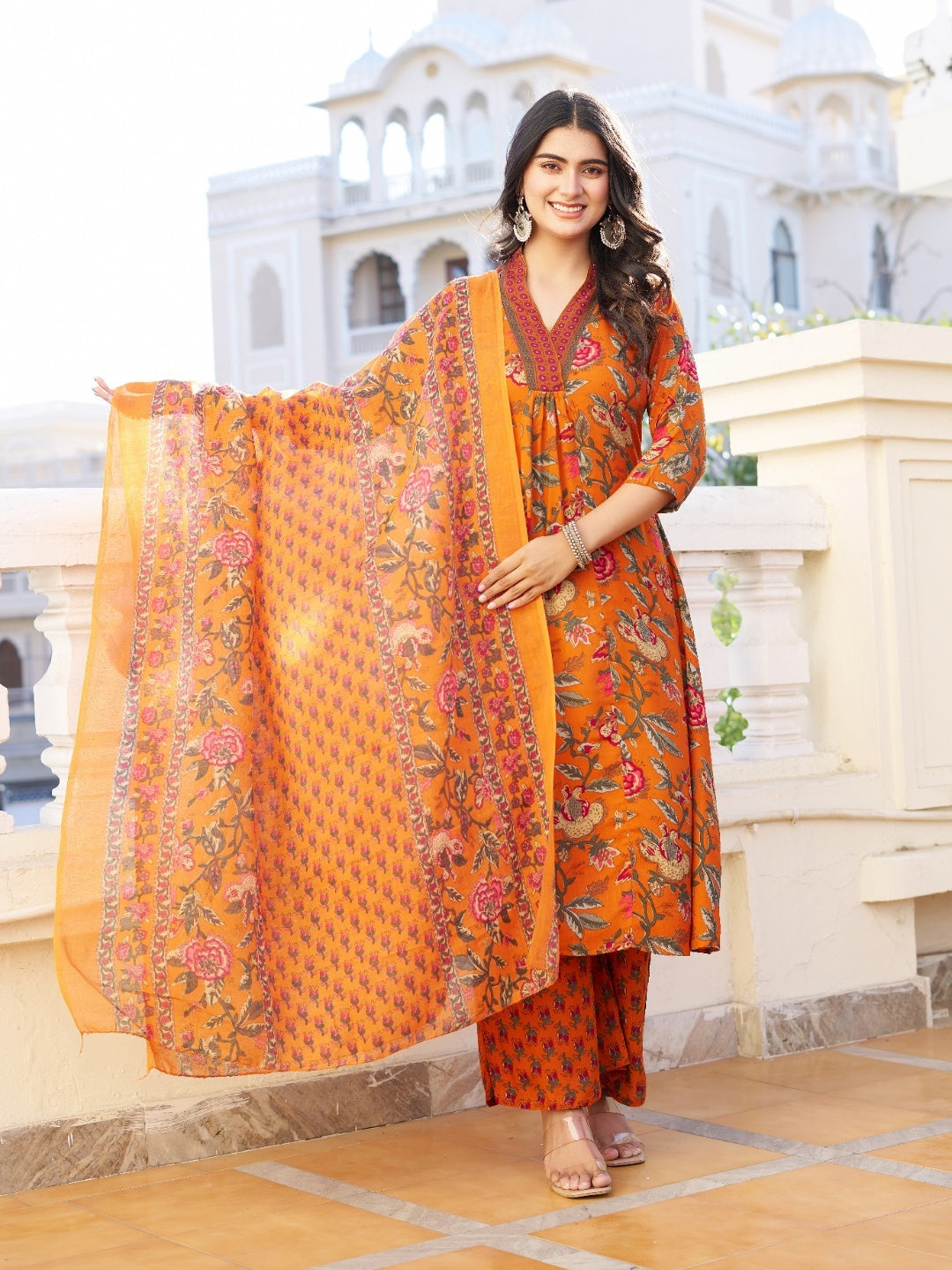 Women Floral Printed V-Neck Anarkali Kurta with Palazzos & With Dupatta - Yagnik Fashion