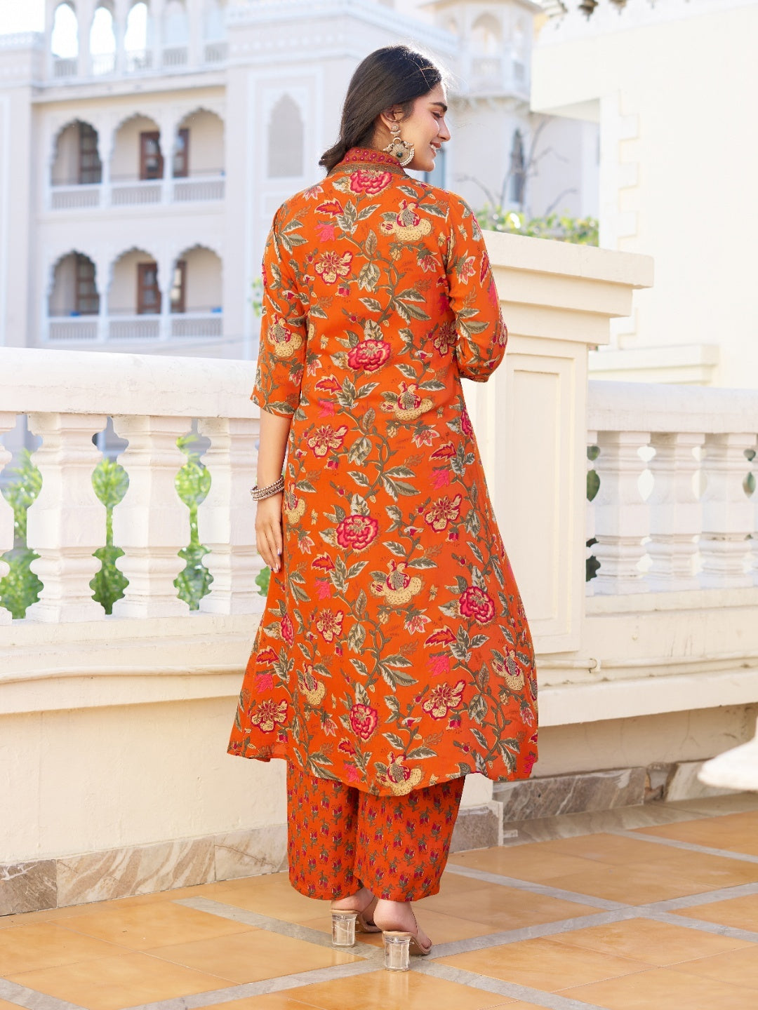 Women Floral Printed V-Neck Anarkali Kurta with Palazzos & With Dupatta - Yagnik Fashion