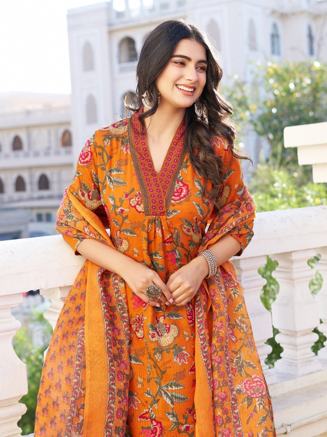Women Floral Printed V-Neck Anarkali Kurta with Palazzos & With Dupatta - Yagnik Fashion