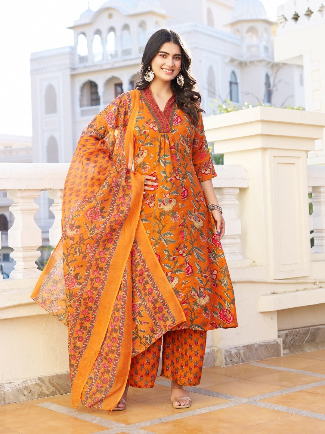 Women Floral Printed V-Neck Anarkali Kurta with Palazzos & With Dupatta - Yagnik Fashion
