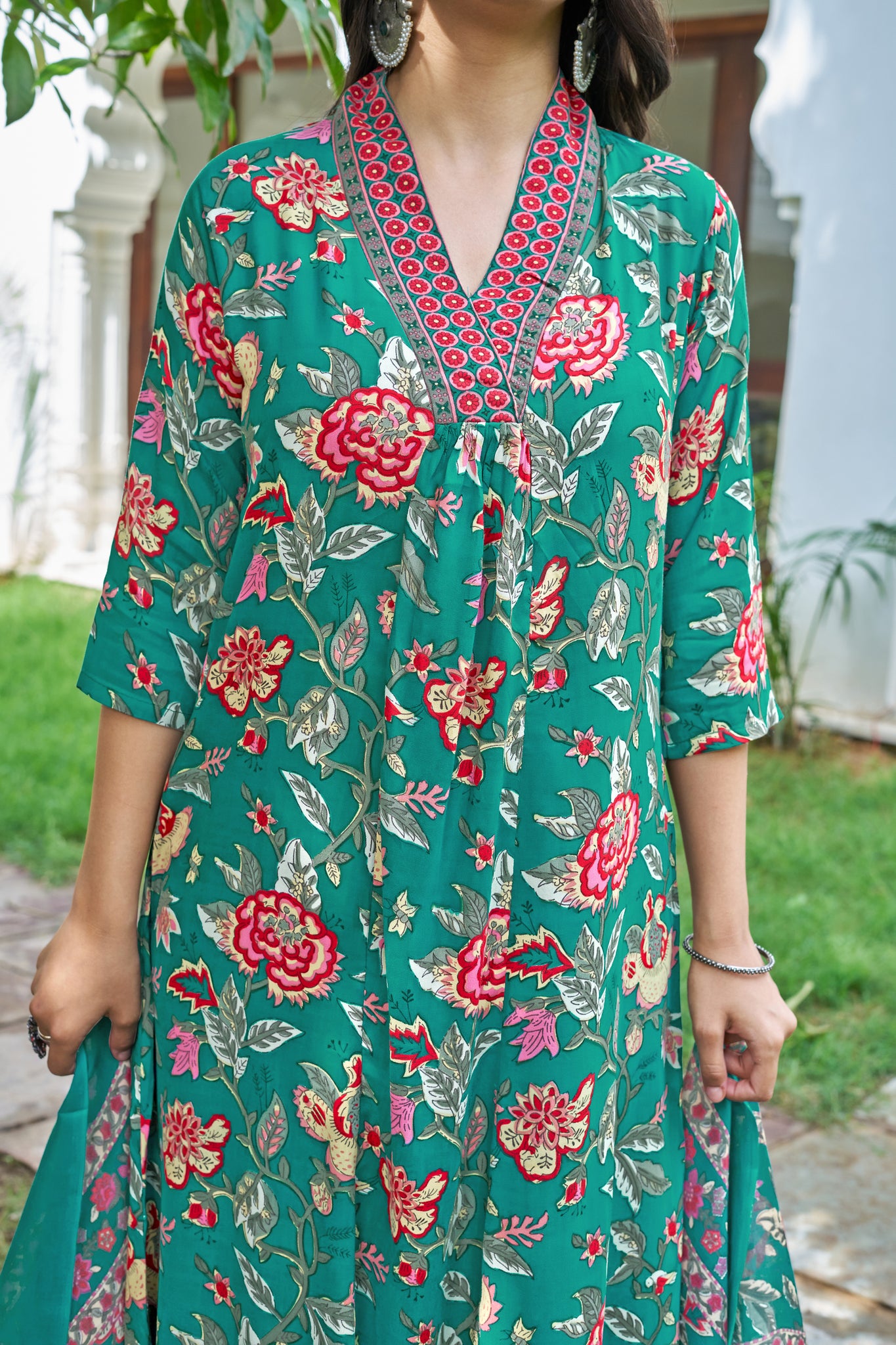 YAGNIK FASHION Floral Printed V-Neck Pleated Anarkali Kurta With Palazzos & Dupatta - Yagnik Fashion