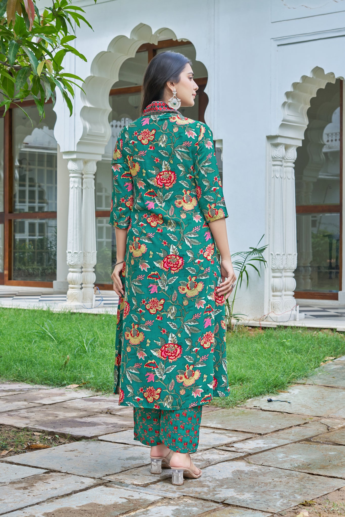YAGNIK FASHION Floral Printed V-Neck Pleated Anarkali Kurta With Palazzos & Dupatta - Yagnik Fashion
