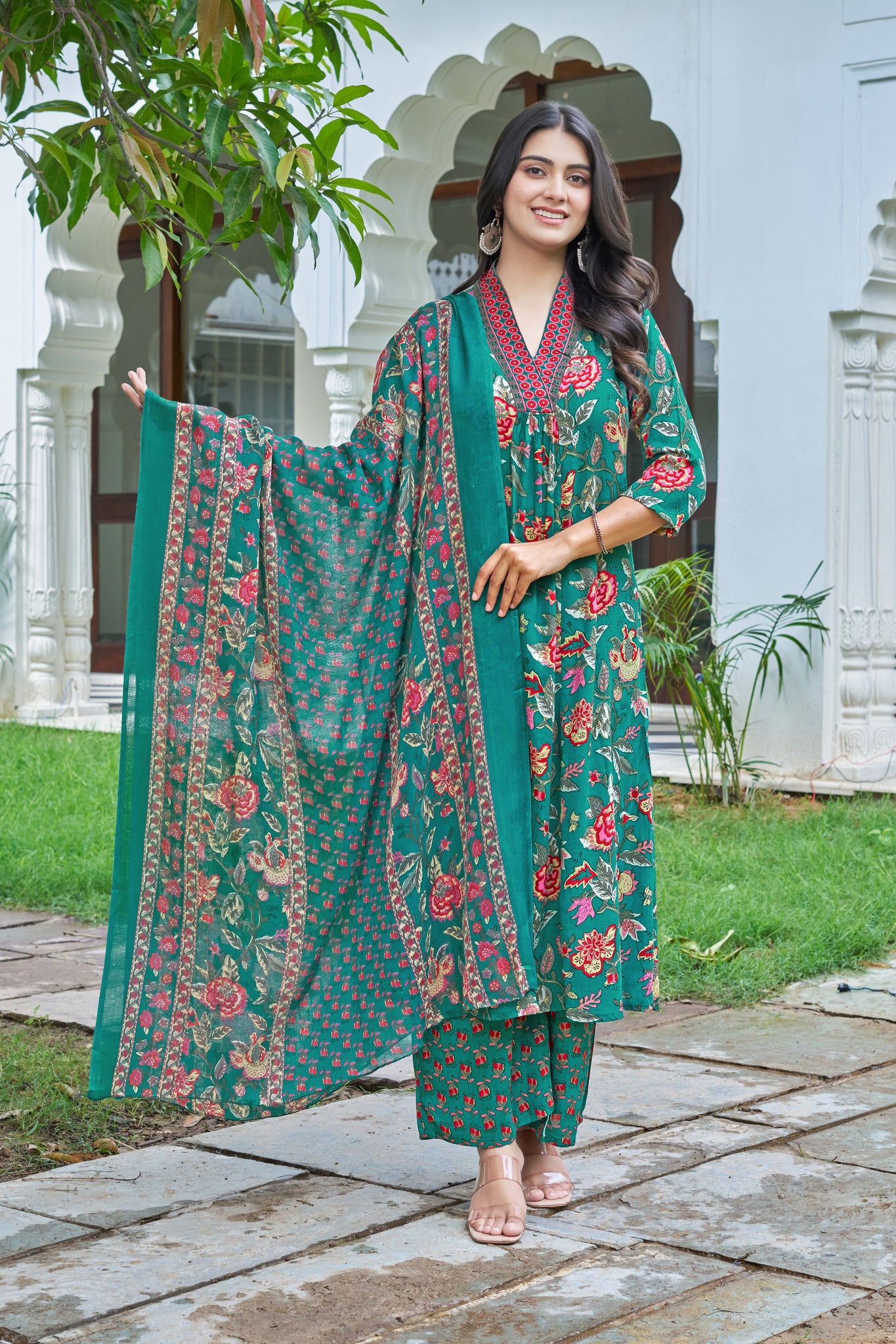 YAGNIK FASHION Floral Printed V-Neck Pleated Anarkali Kurta With Palazzos & Dupatta - Yagnik Fashion