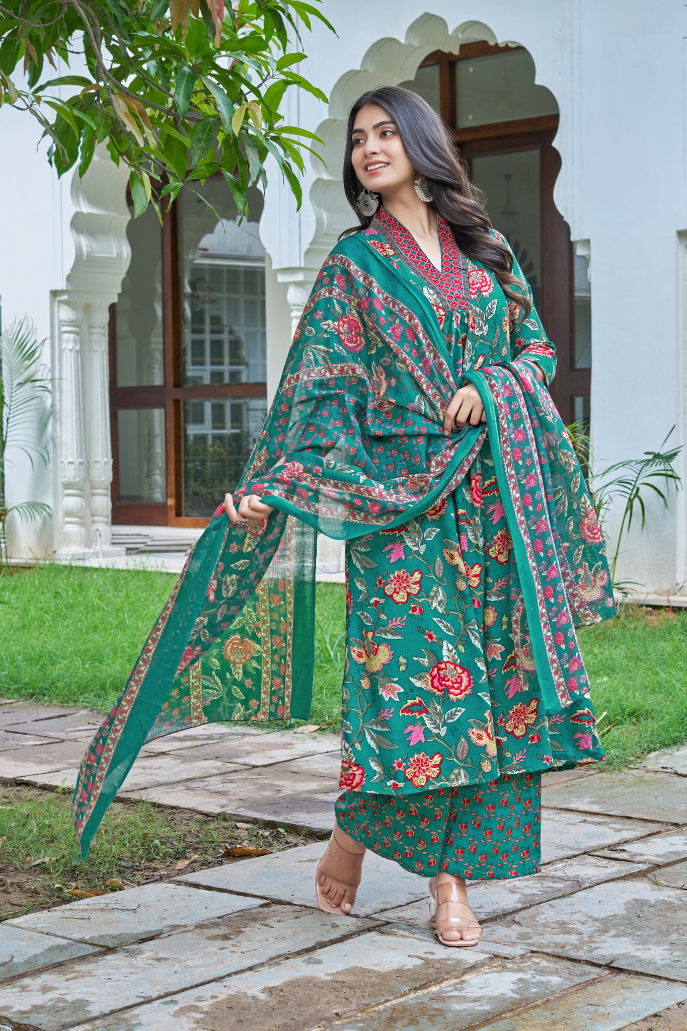 YAGNIK FASHION Floral Printed V-Neck Pleated Anarkali Kurta With Palazzos & Dupatta - Yagnik Fashion