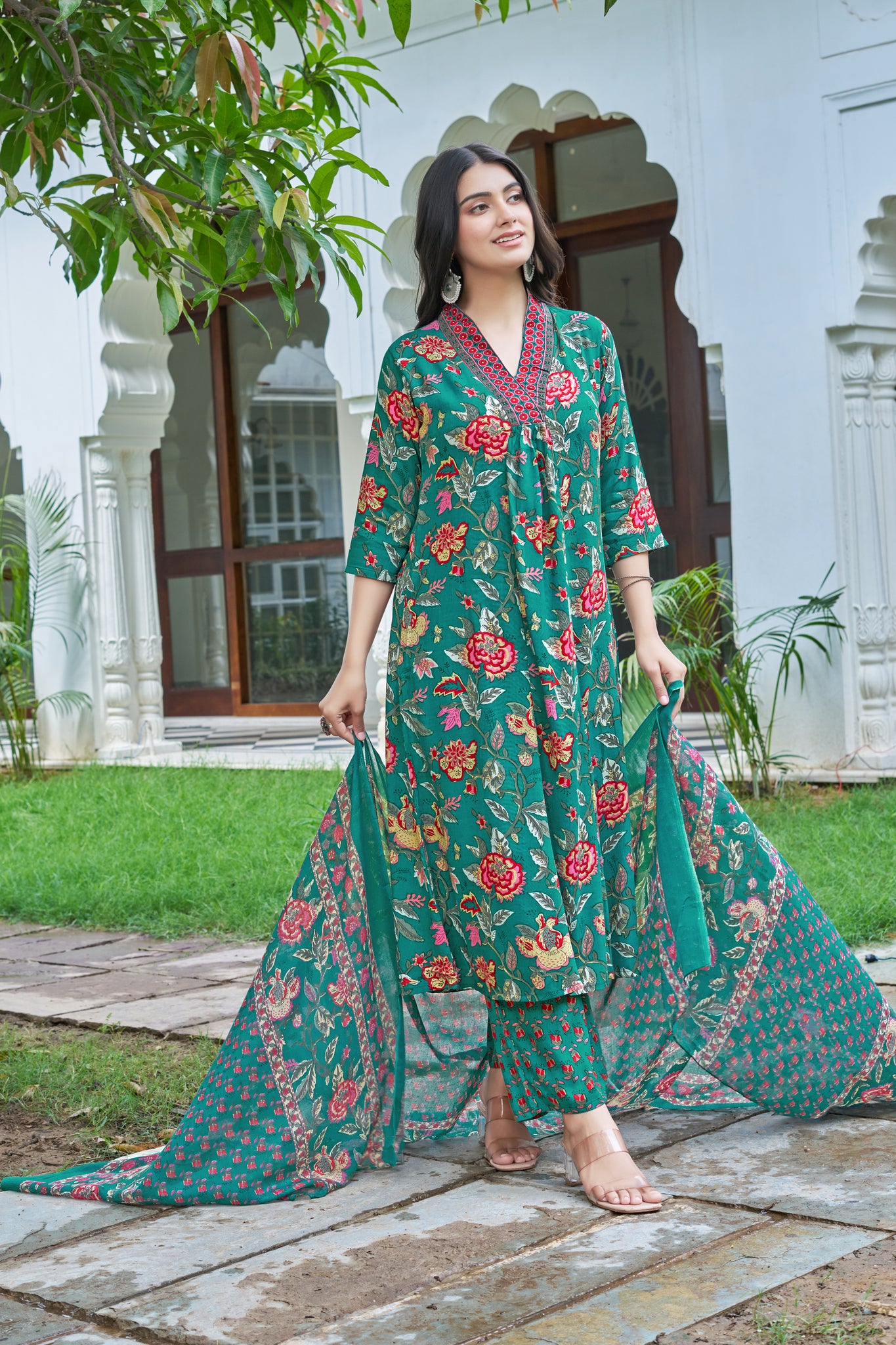 YAGNIK FASHION Floral Printed V-Neck Pleated Anarkali Kurta With Palazzos & Dupatta - Yagnik Fashion