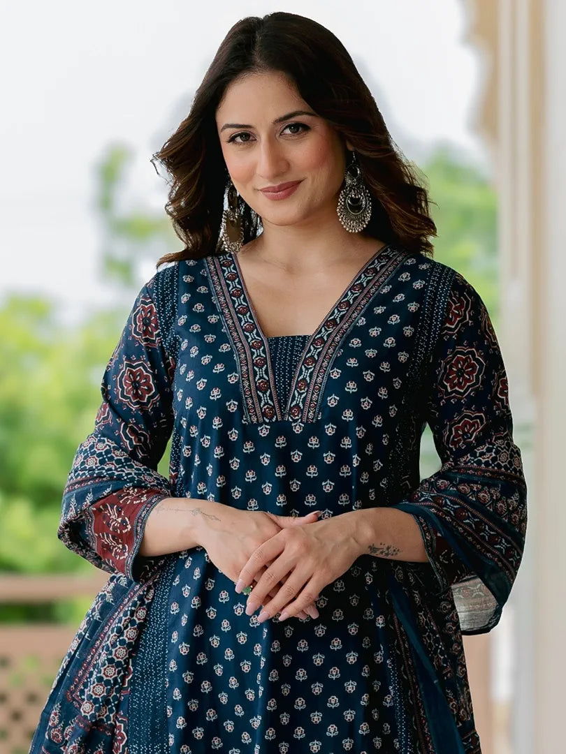 YAGNIK FASHION Blue Printed V-Neck Pleated Anarkali Kurta With Palazzos & Dupatta