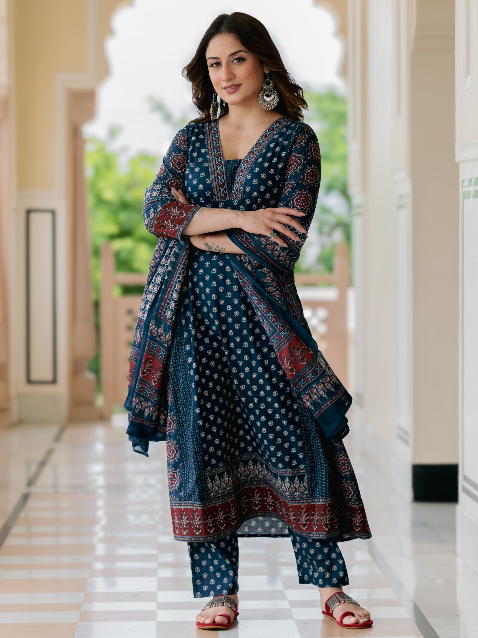 YAGNIK FASHION Blue Printed V-Neck Pleated Anarkali Kurta With Palazzos & Dupatta