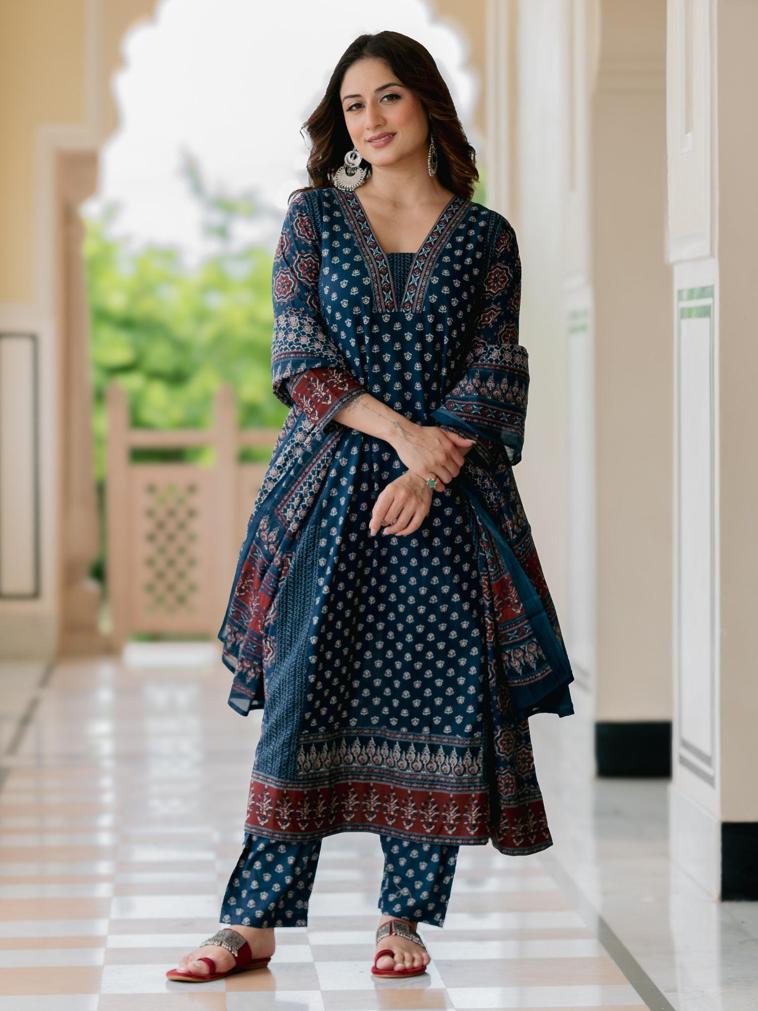 YAGNIK FASHION Blue Printed V-Neck Pleated Anarkali Kurta With Palazzos & Dupatta
