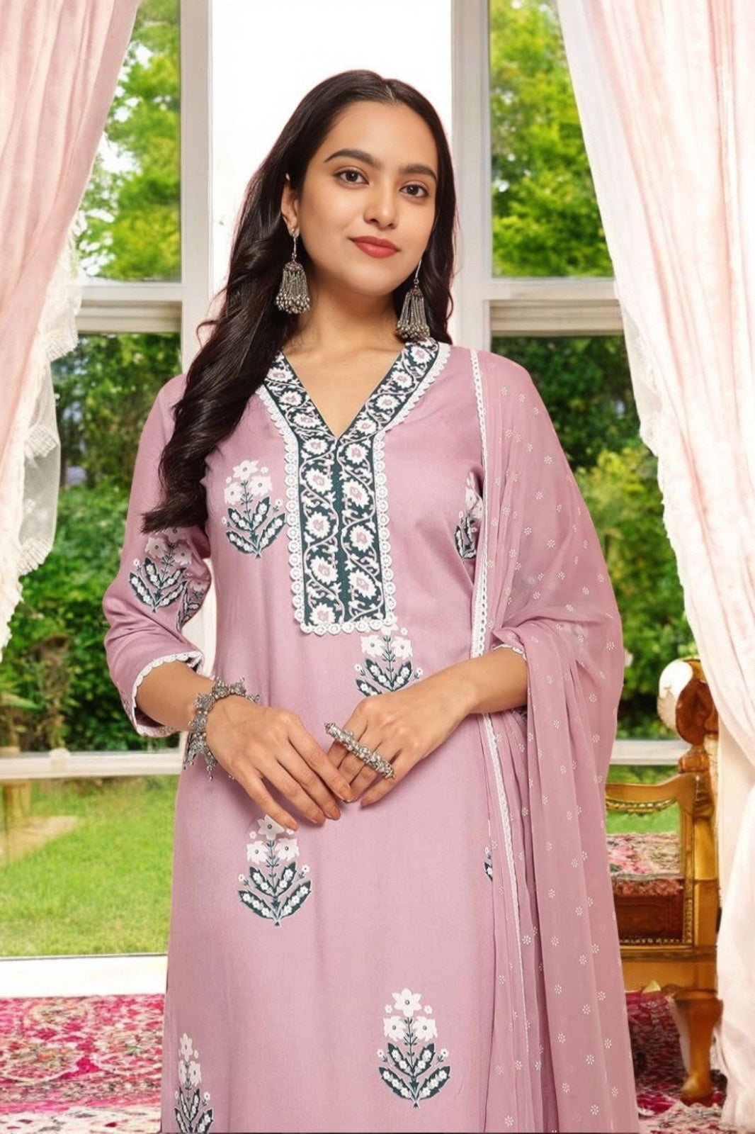 Pink Floral Printed Straight Kurta with Trousers & Dupatta