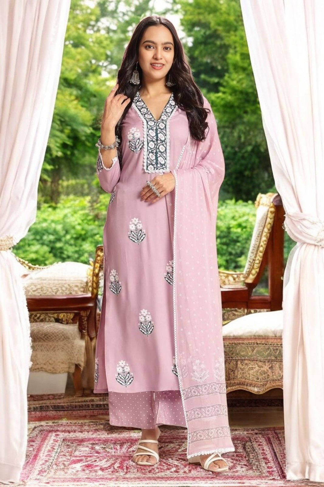 Pink Floral Printed Straight Kurta with Trousers & Dupatta