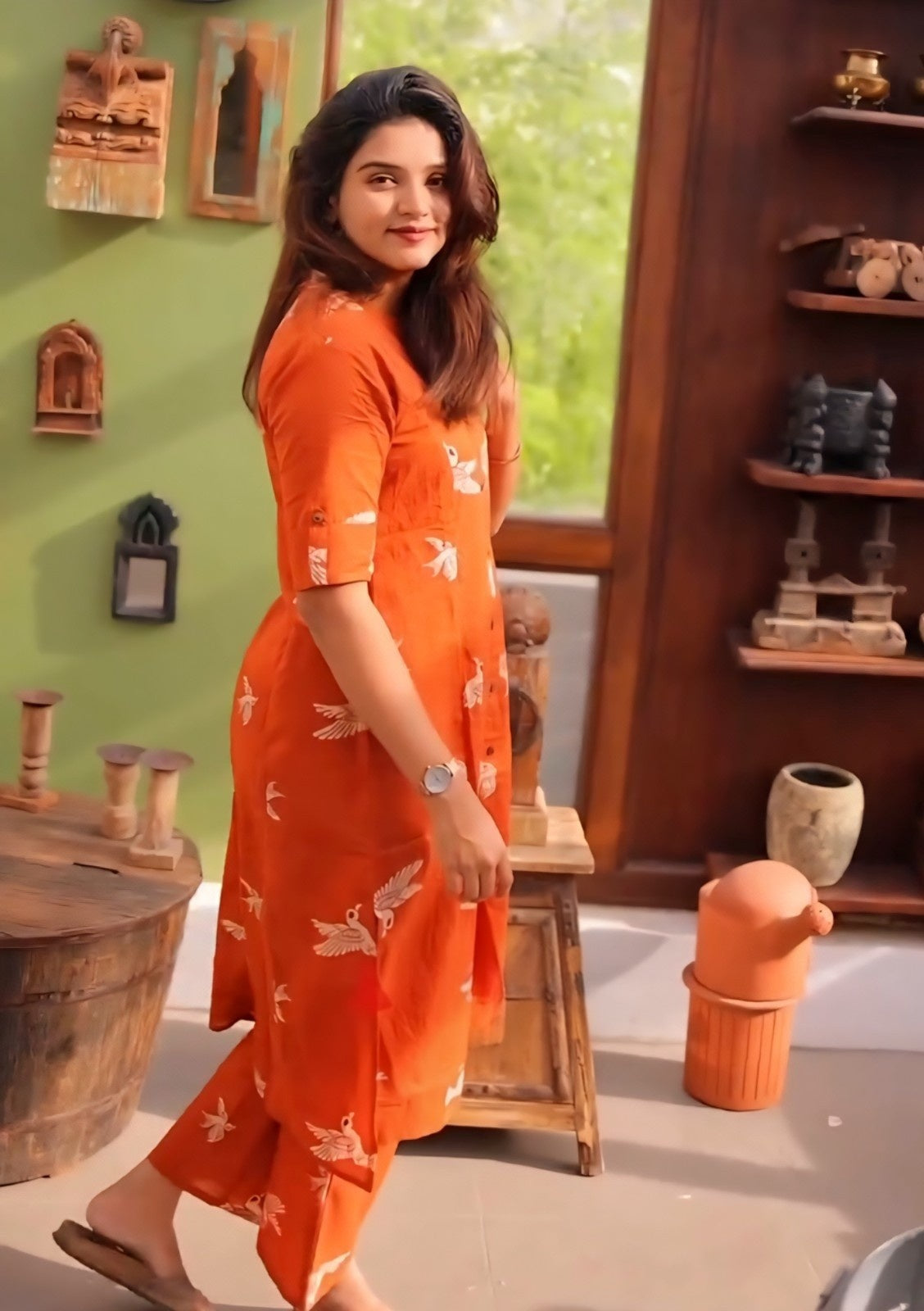 YAGNIK FASHION Women kabutar Printed Mandarin Collar Regular Kurta with Trousers