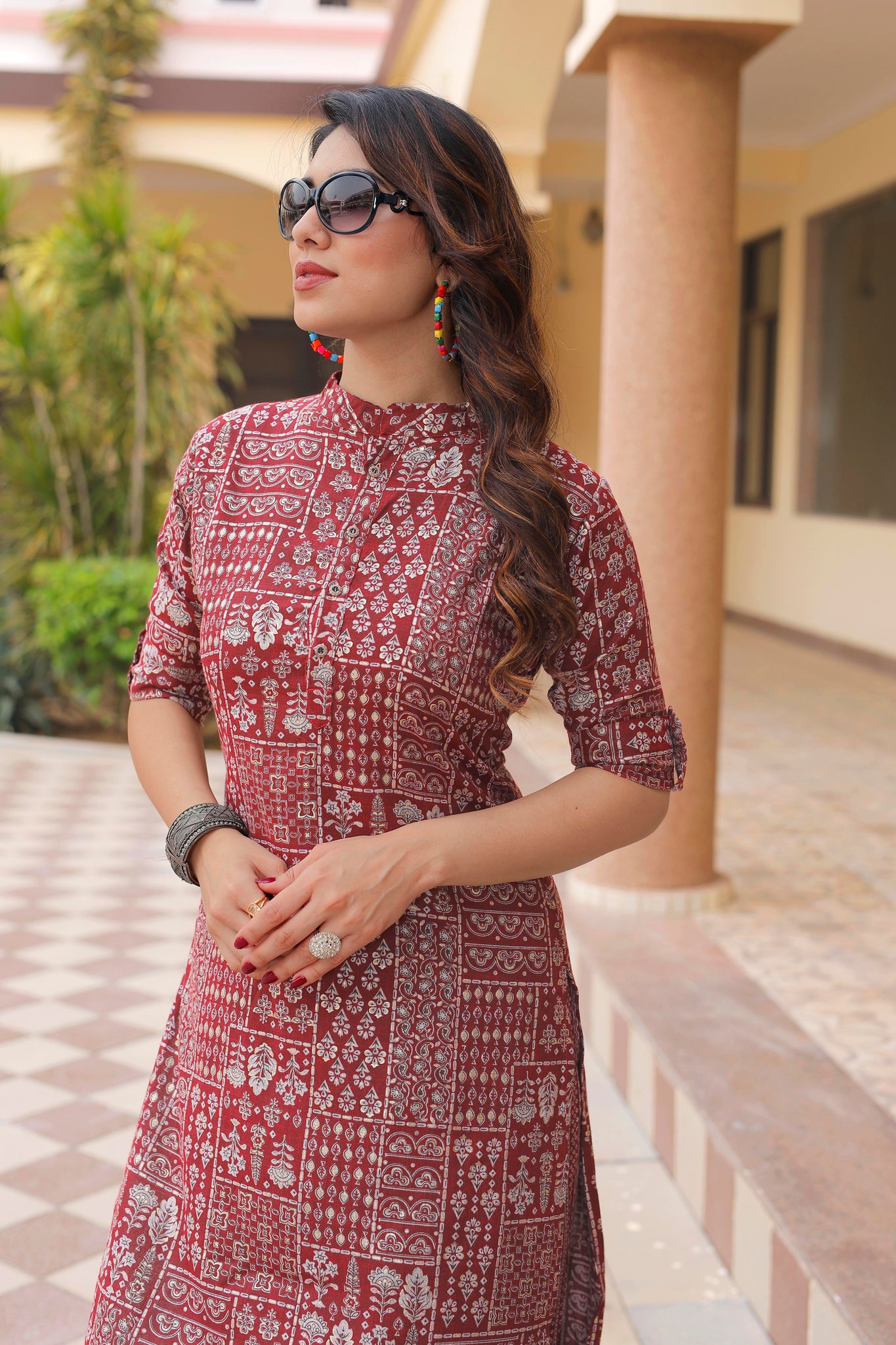 Women Mehroon Printed Pure Cotton Kurta with Trousers - Yagnik Fashion