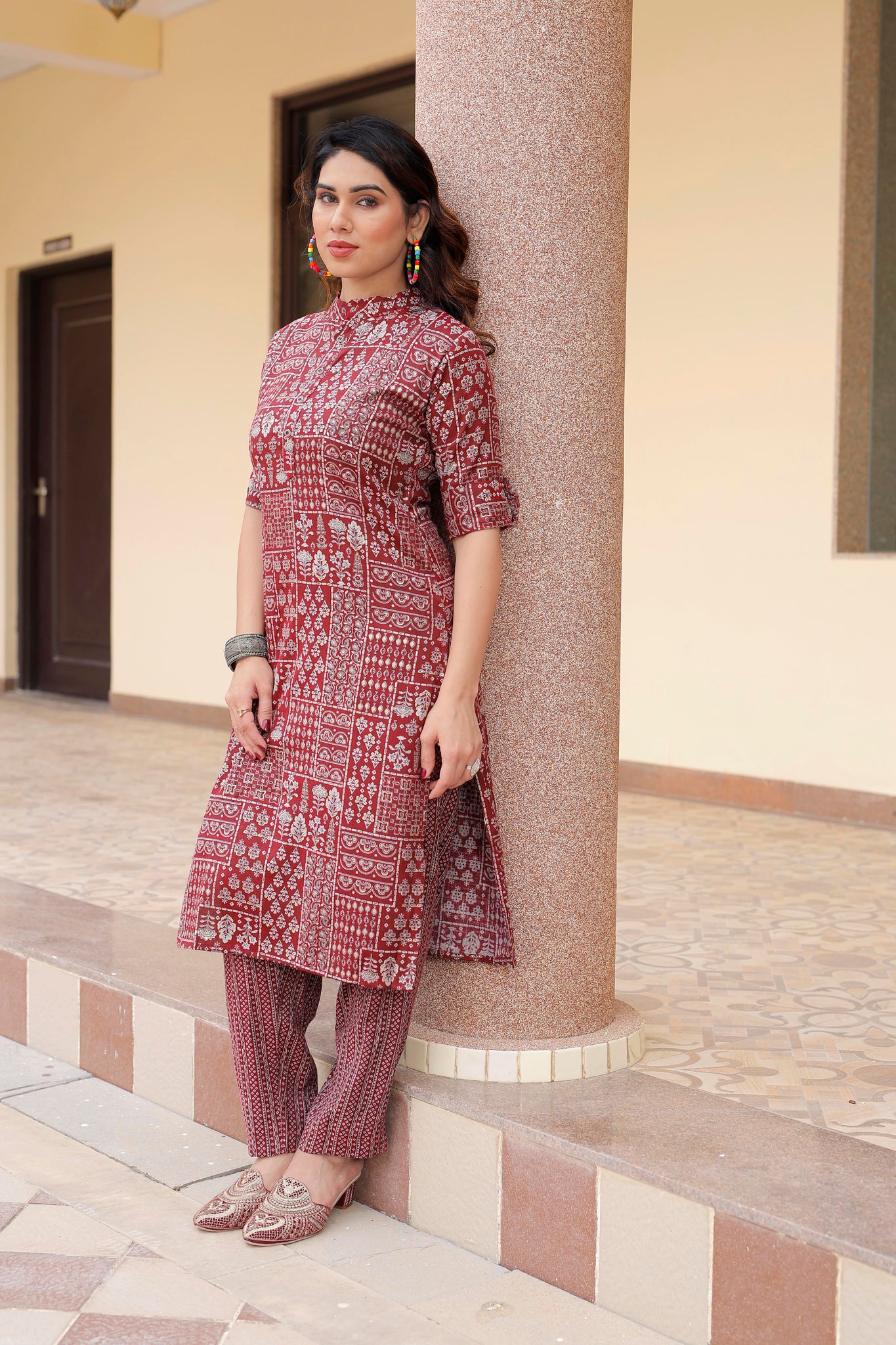 Women Mehroon Printed Pure Cotton Kurta with Trousers - Yagnik Fashion