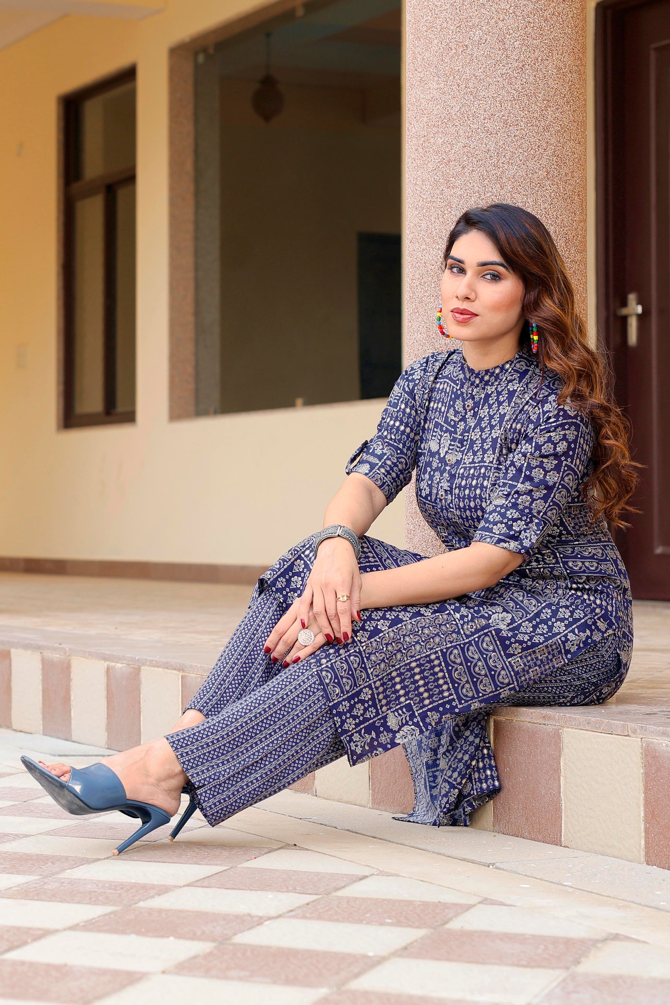 Women Blue Printed Pure Cotton Kurta with Trousers - Yagnik Fashion