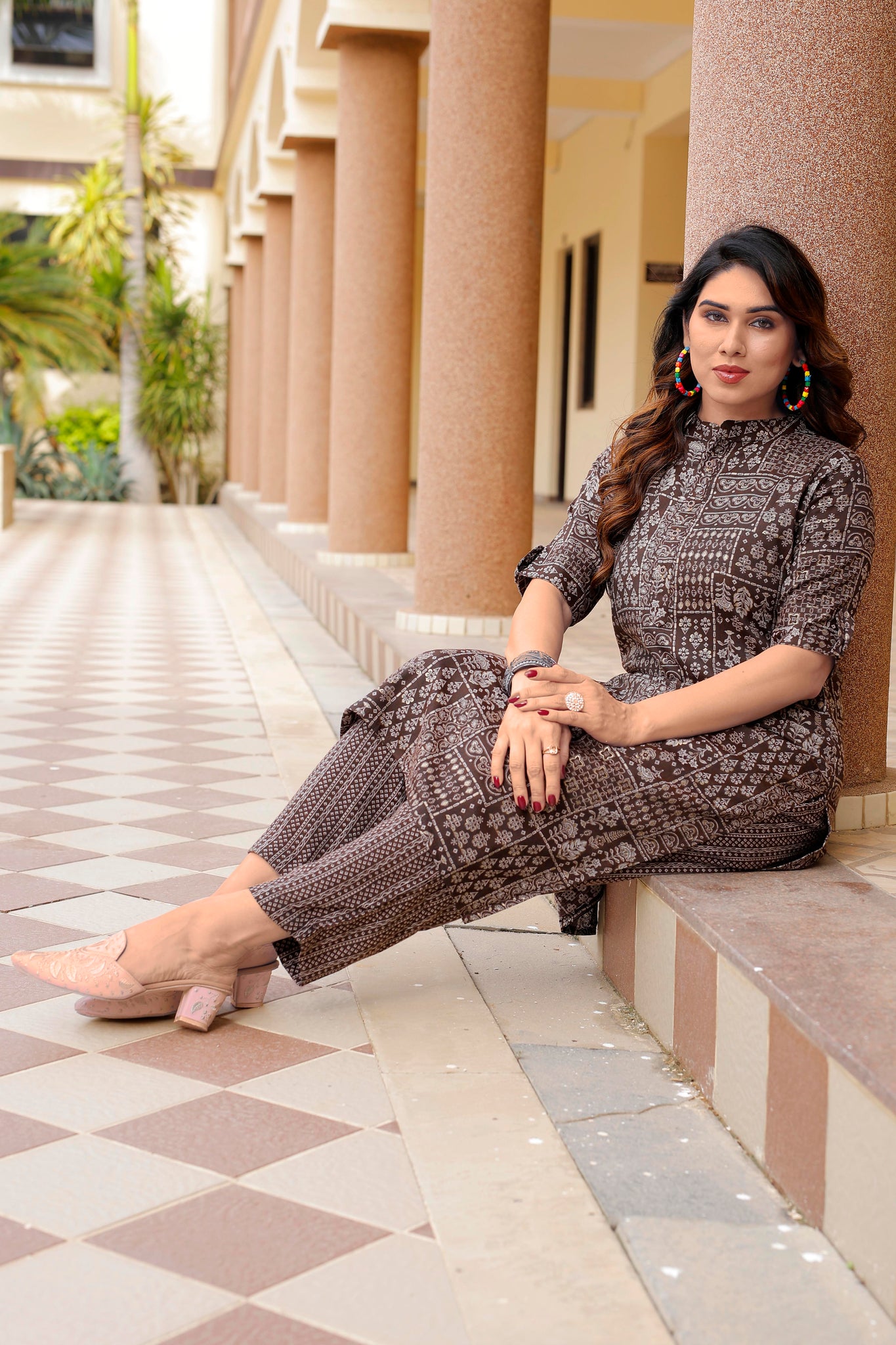 Women Brown Printed Pure Cotton Kurta with Trousers - Yagnik Fashion