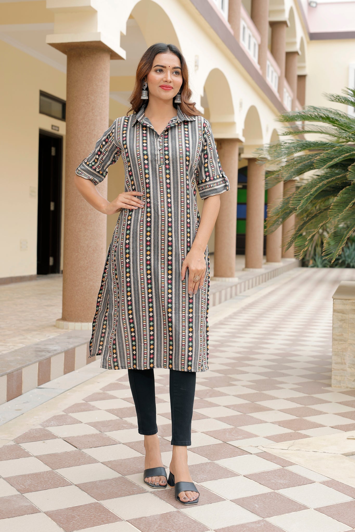 Ethnic Motifs Black Printed Pure Cotton Kurti - Yagnik Fashion